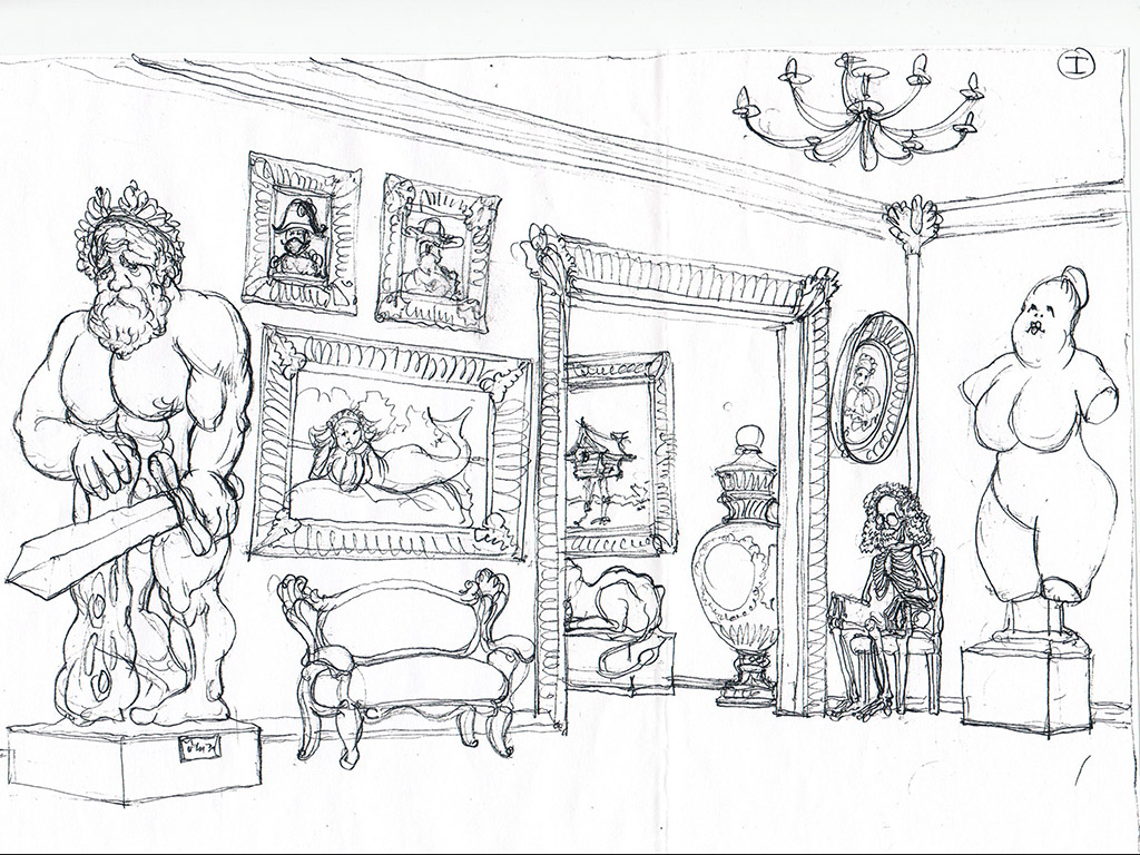 The art gallery. The Ovcharenko's sketch for ZuZuZu mobile game.